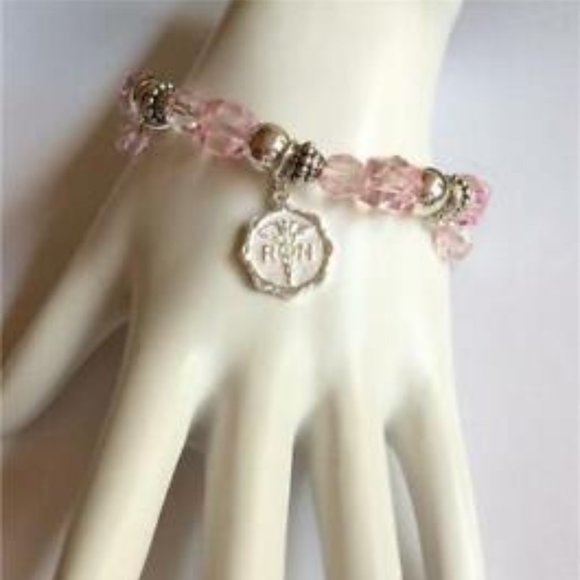 Nursing Charm Bracelet #1 Nurse Caduceus RN Pink Graduation Gift Silver Plated - Picture 4 of 9